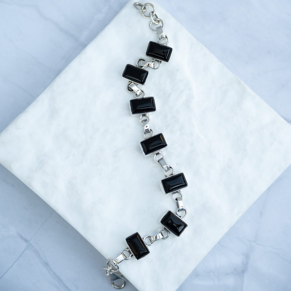 Sterling Silver Rectangular Black Onyx Bracelet – 17 + 3cm