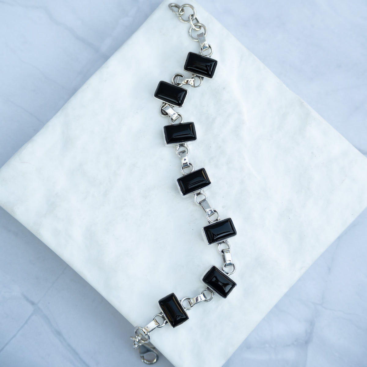 Sterling Silver Rectangular Black Onyx Bracelet – 17 + 3cm