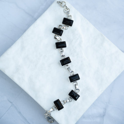 Sterling Silver Rectangular Black Onyx Bracelet – 17 + 3cm