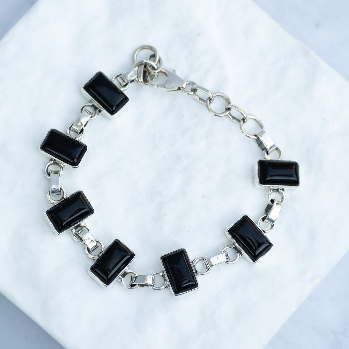 Sterling Silver Rectangular Black Onyx Bracelet – 17 + 3cm