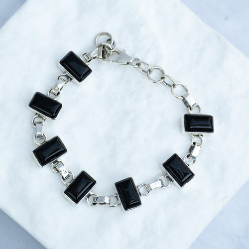 Sterling Silver Rectangular Black Onyx Bracelet – 17 + 3cm