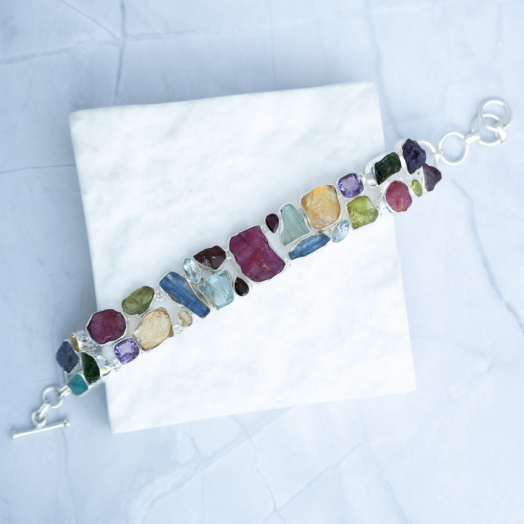 Sterling Silver Rough Multi-Gemstone Statement Bracelet – One-of-a-Kind