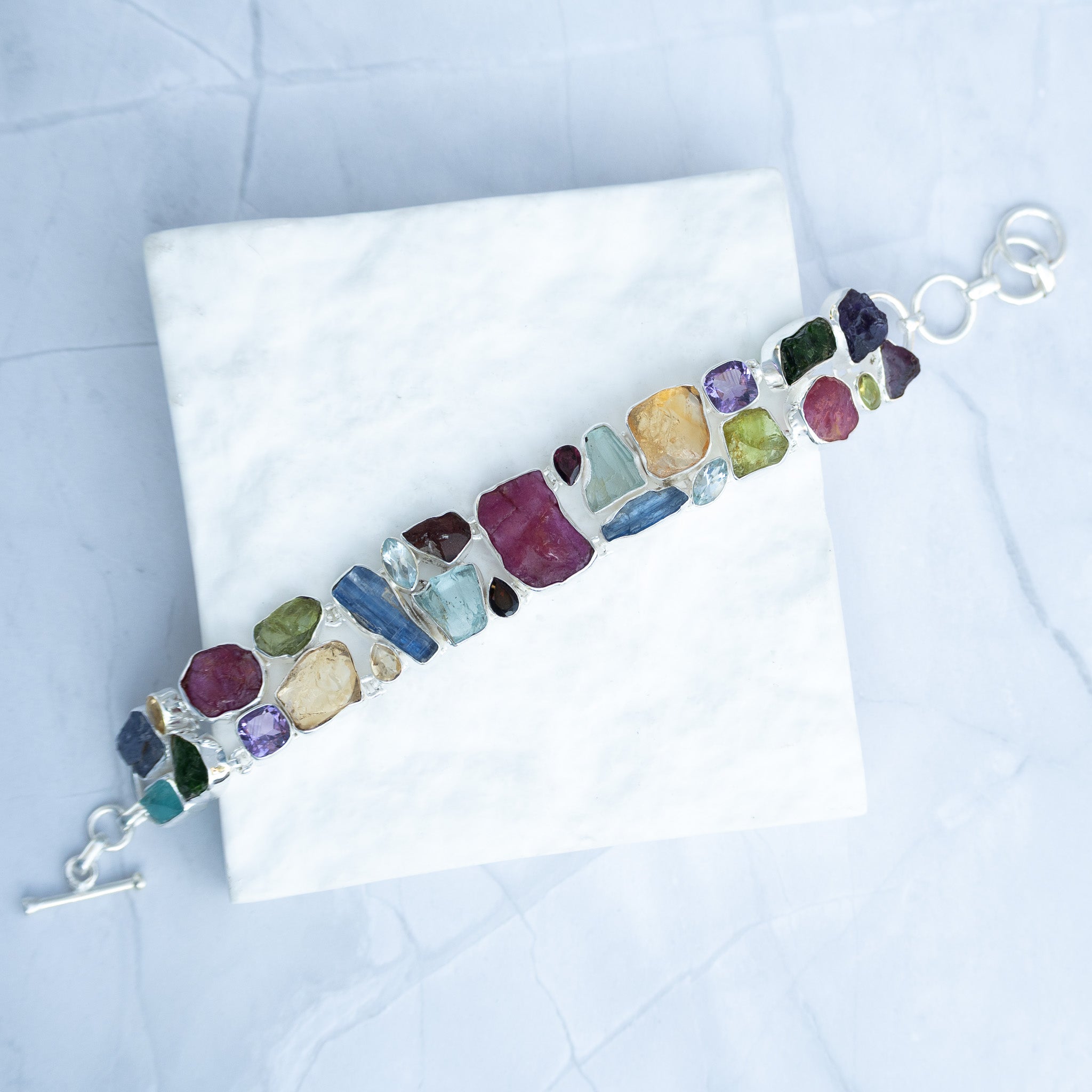 Sterling Silver Rough Multi-Gemstone Statement Bracelet – One-of-a-Kind