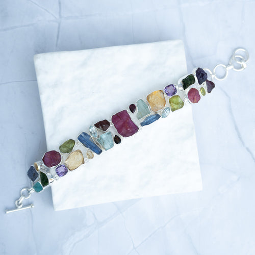 Sterling Silver Rough Multi-Gemstone Statement Bracelet – One-of-a-Kind