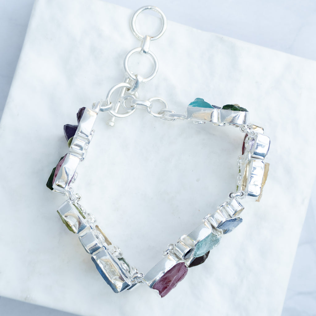 Sterling Silver Rough Multi-Gemstone Statement Bracelet – One-of-a-Kind
