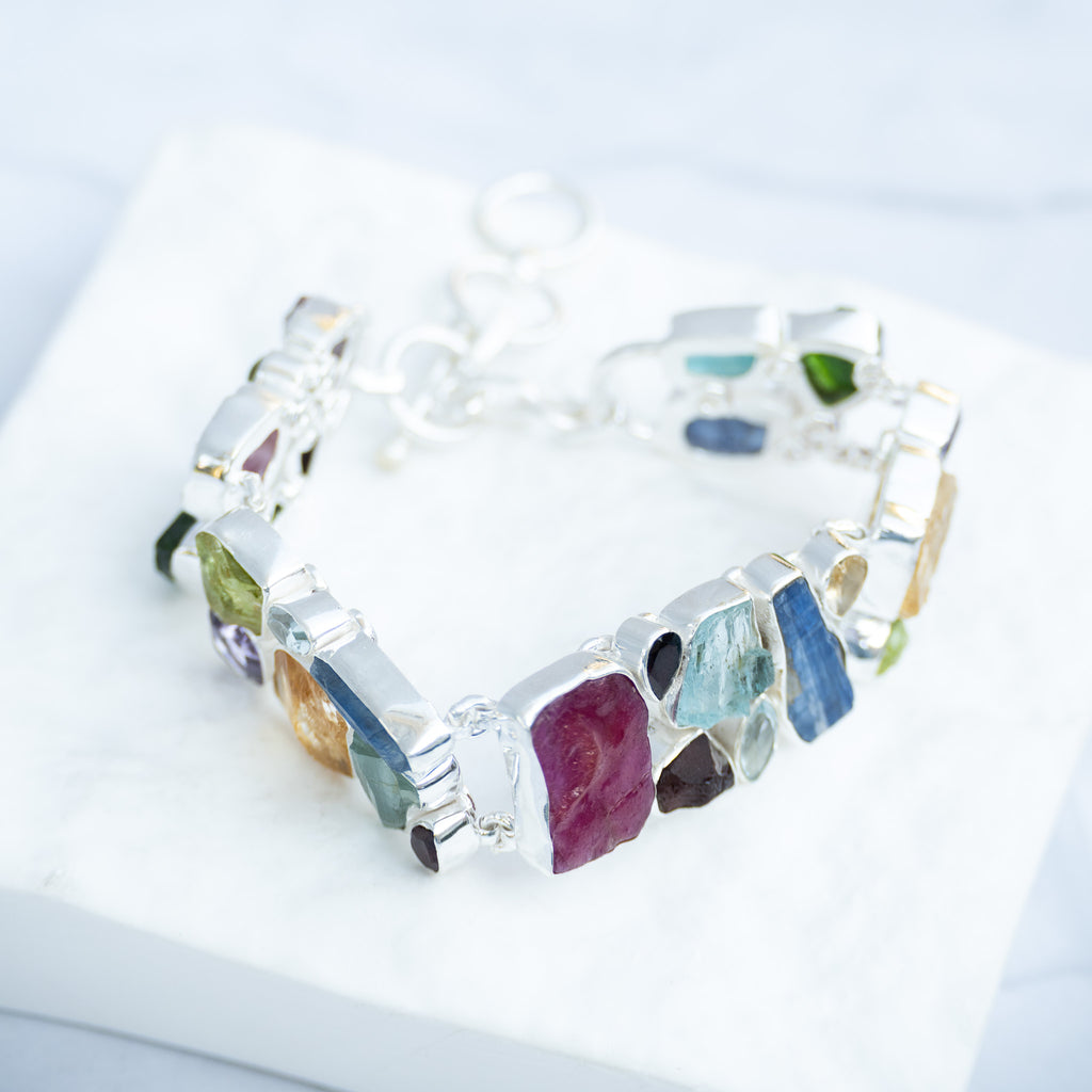 Sterling Silver Rough Multi-Gemstone Statement Bracelet – One-of-a-Kind