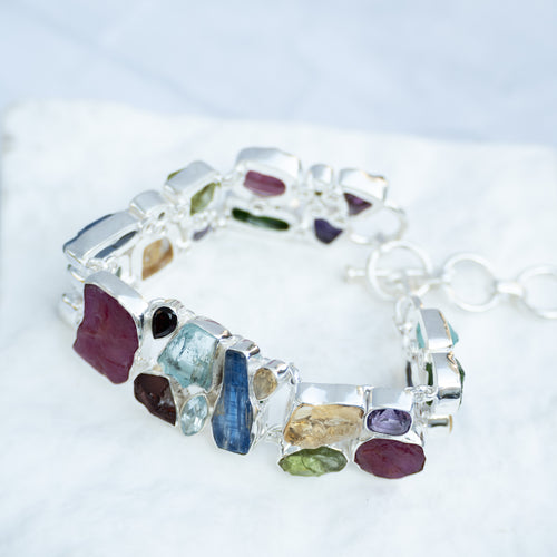 Sterling Silver Rough Multi-Gemstone Statement Bracelet – One-of-a-Kind