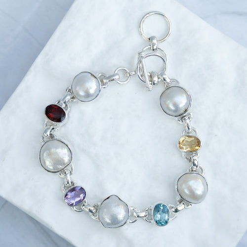 Sterling Silver Freshwater Pearl & Multi-Gemstone Bracelet – Garnet, Amethyst, Blue Topaz & Citrine