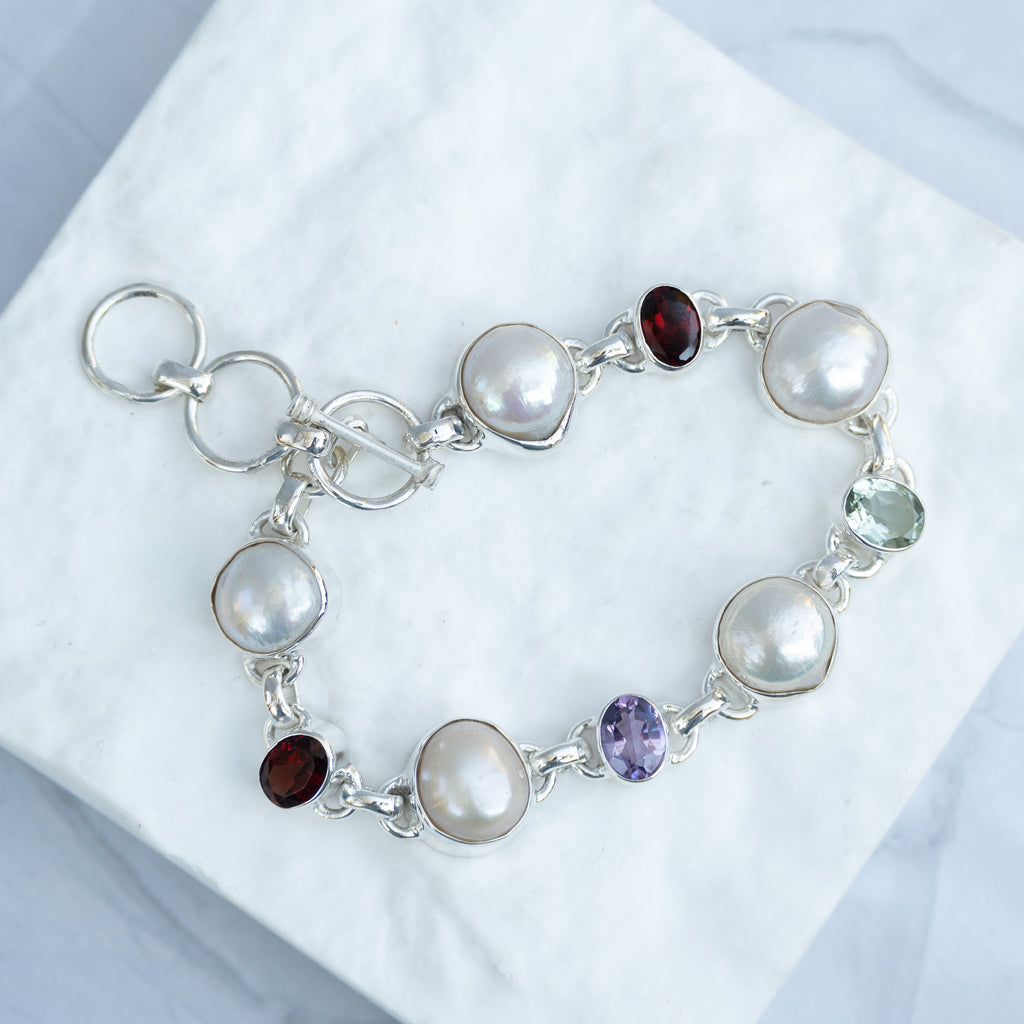 Sterling Silver Freshwater Pearl & Multi-Gemstone Bracelet – Garnet, Amethyst & Green Amethyst