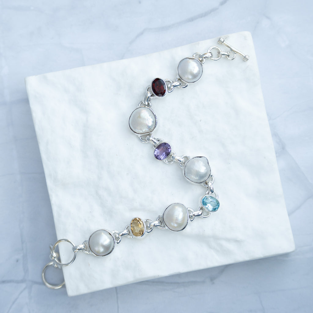 Sterling Silver Freshwater Pearl & Multi-Gemstone Bracelet – Garnet, Amethyst, Blue Topaz & Citrine