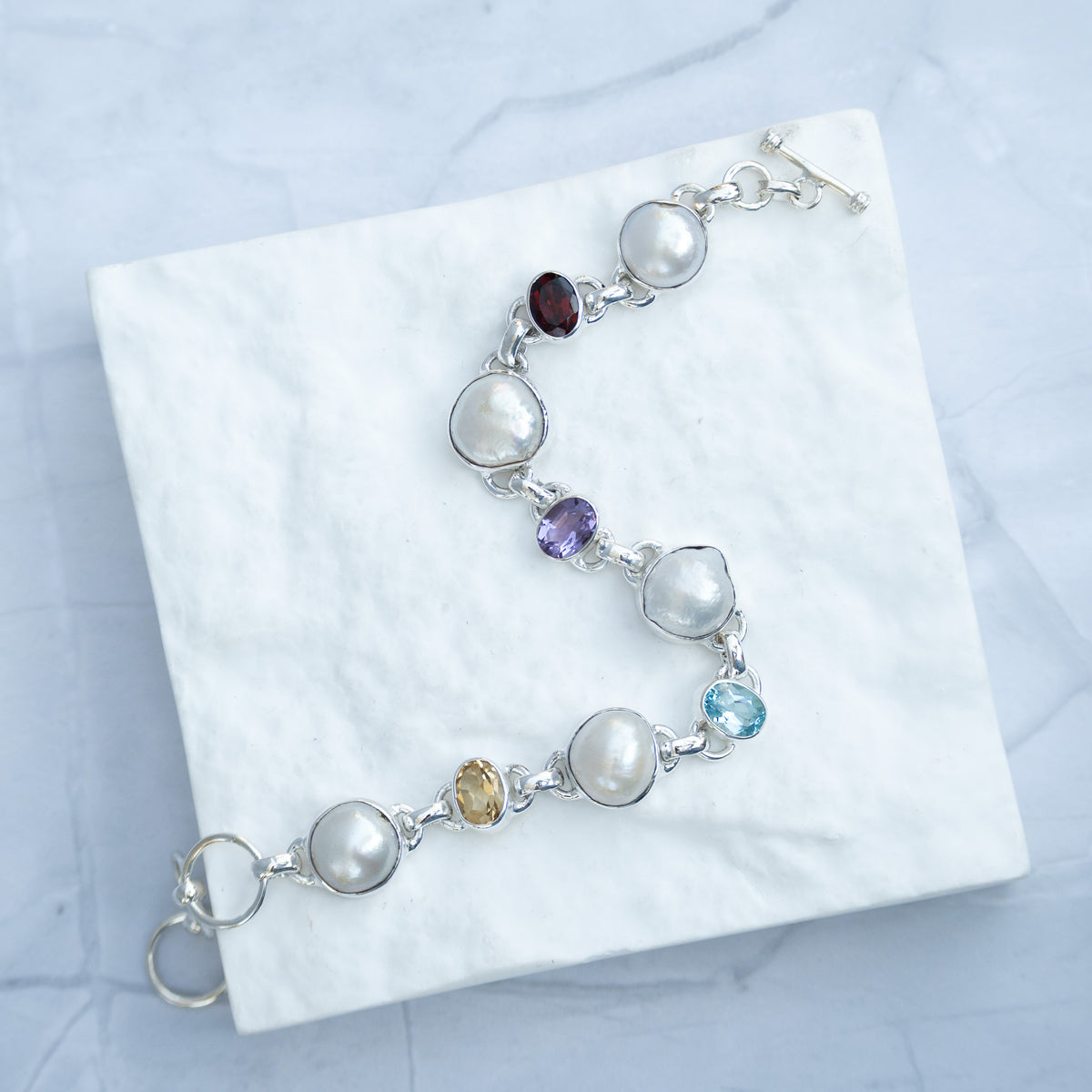 Sterling Silver Freshwater Pearl & Multi-Gemstone Bracelet – Garnet, Amethyst, Blue Topaz & Citrine