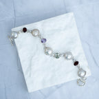 Sterling Silver Freshwater Pearl & Multi-Gemstone Bracelet – Garnet, Amethyst & Green Amethyst