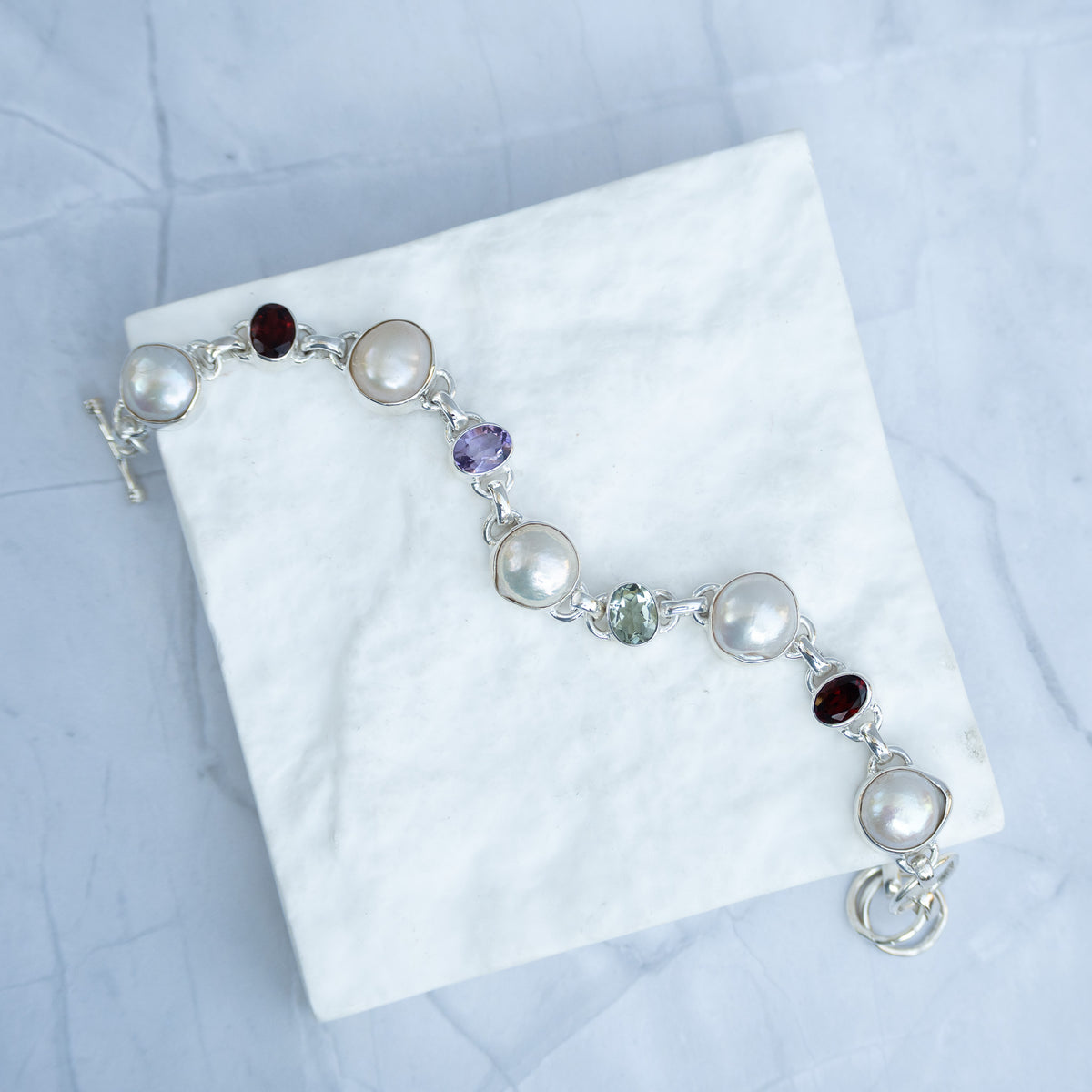 Sterling Silver Freshwater Pearl & Multi-Gemstone Bracelet – Garnet, Amethyst & Green Amethyst