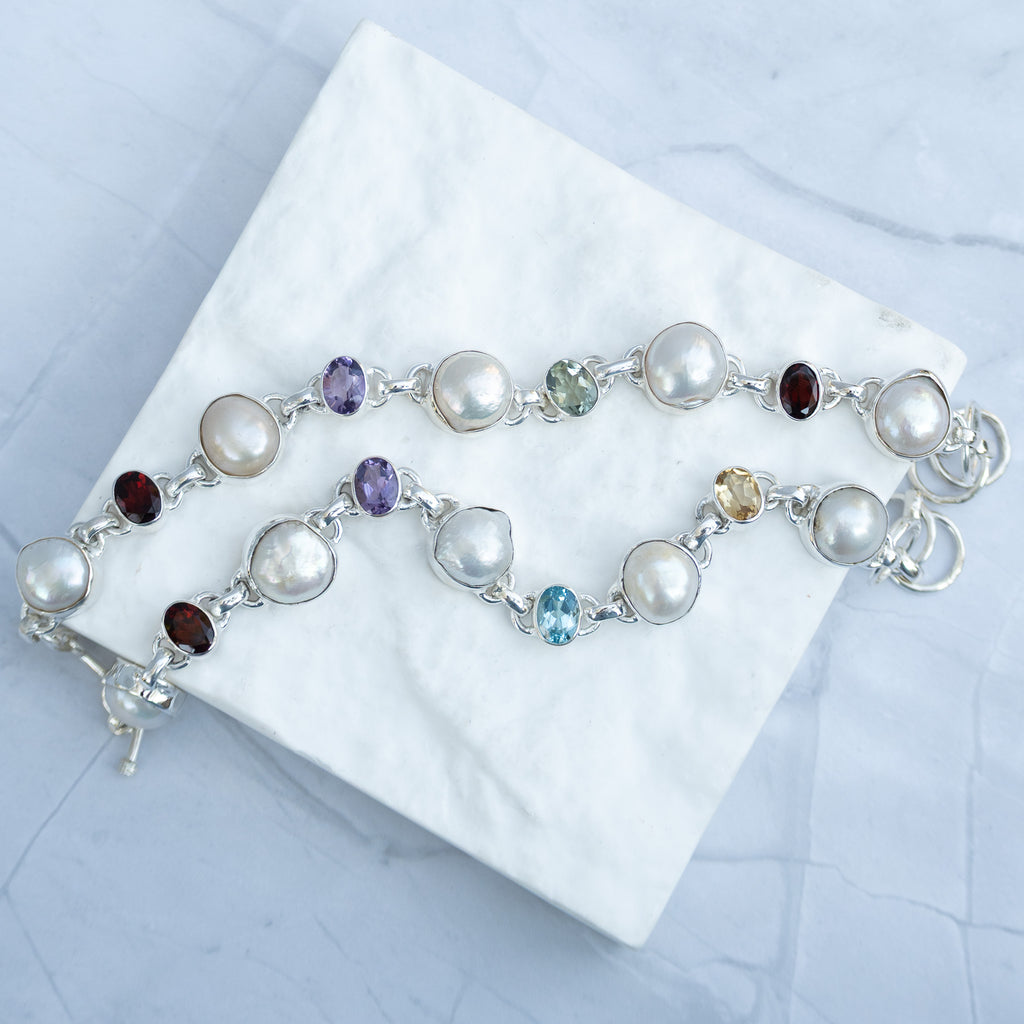 Sterling Silver Freshwater Pearl & Multi-Gemstone Bracelet – Garnet, Amethyst & Green Amethyst