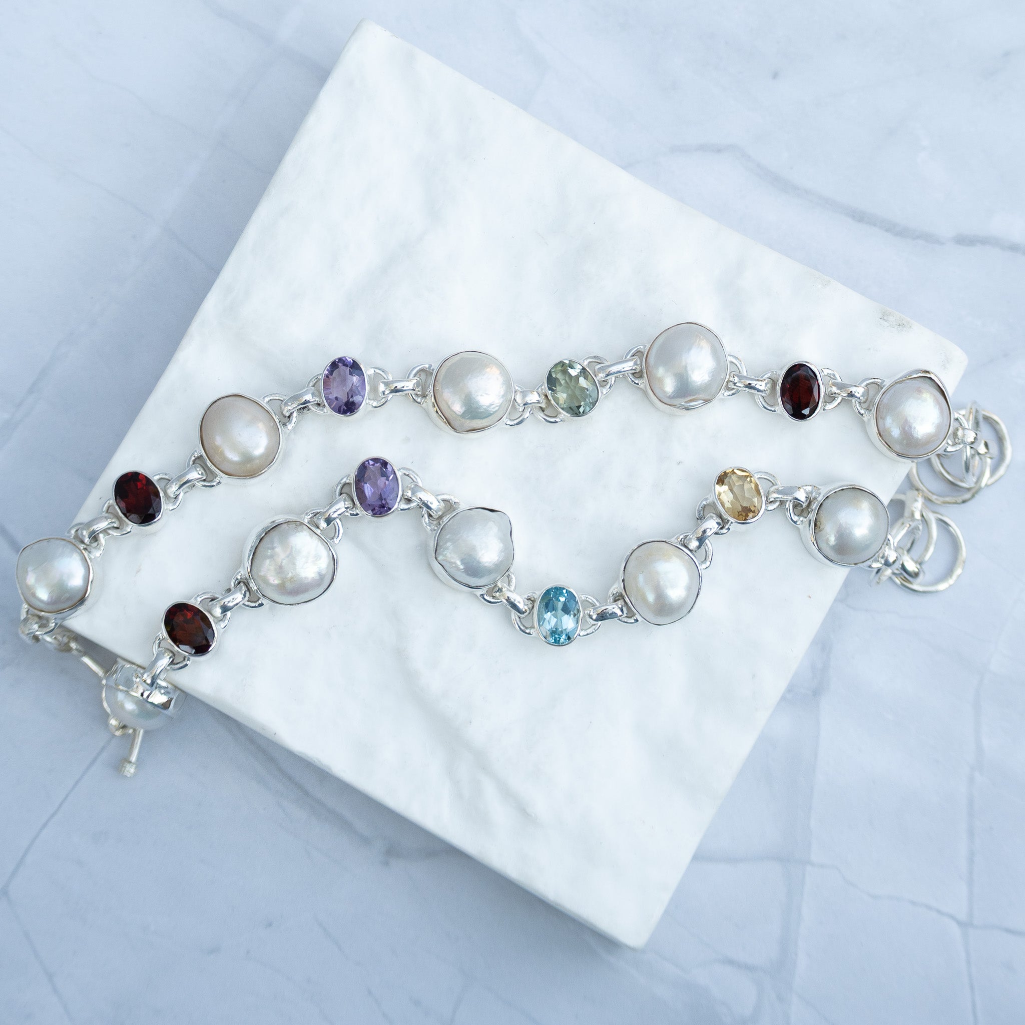 Sterling Silver Freshwater Pearl & Multi-Gemstone Bracelet – Garnet, Amethyst & Green Amethyst