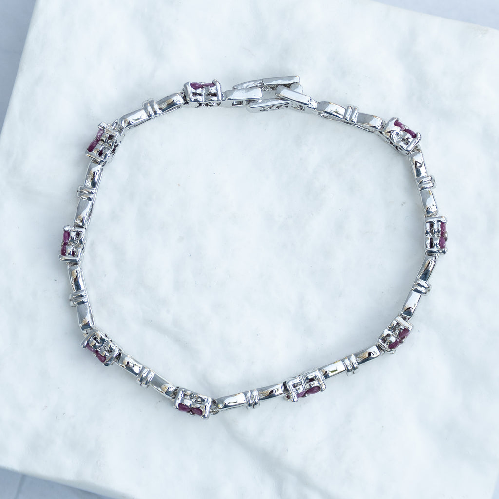 Sterling Silver Pink Ruby Flower Tennis Bracelet – 18cm