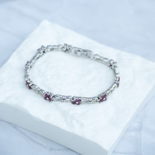 Sterling Silver Pink Ruby Flower Tennis Bracelet – 18cm