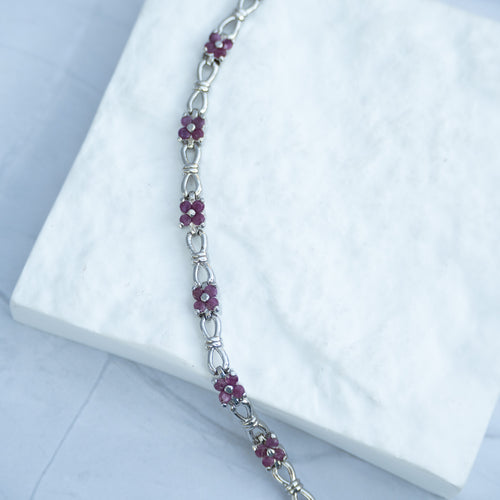 Sterling Silver Pink Ruby Flower Tennis Bracelet – 18cm