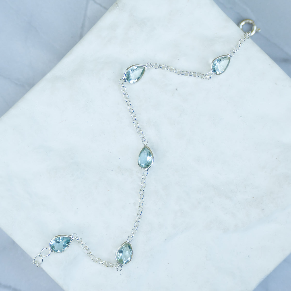 Sterling Silver Five Teardrop Blue Topaz Semi-Precious Stone Bracelet – 17 + 3cm