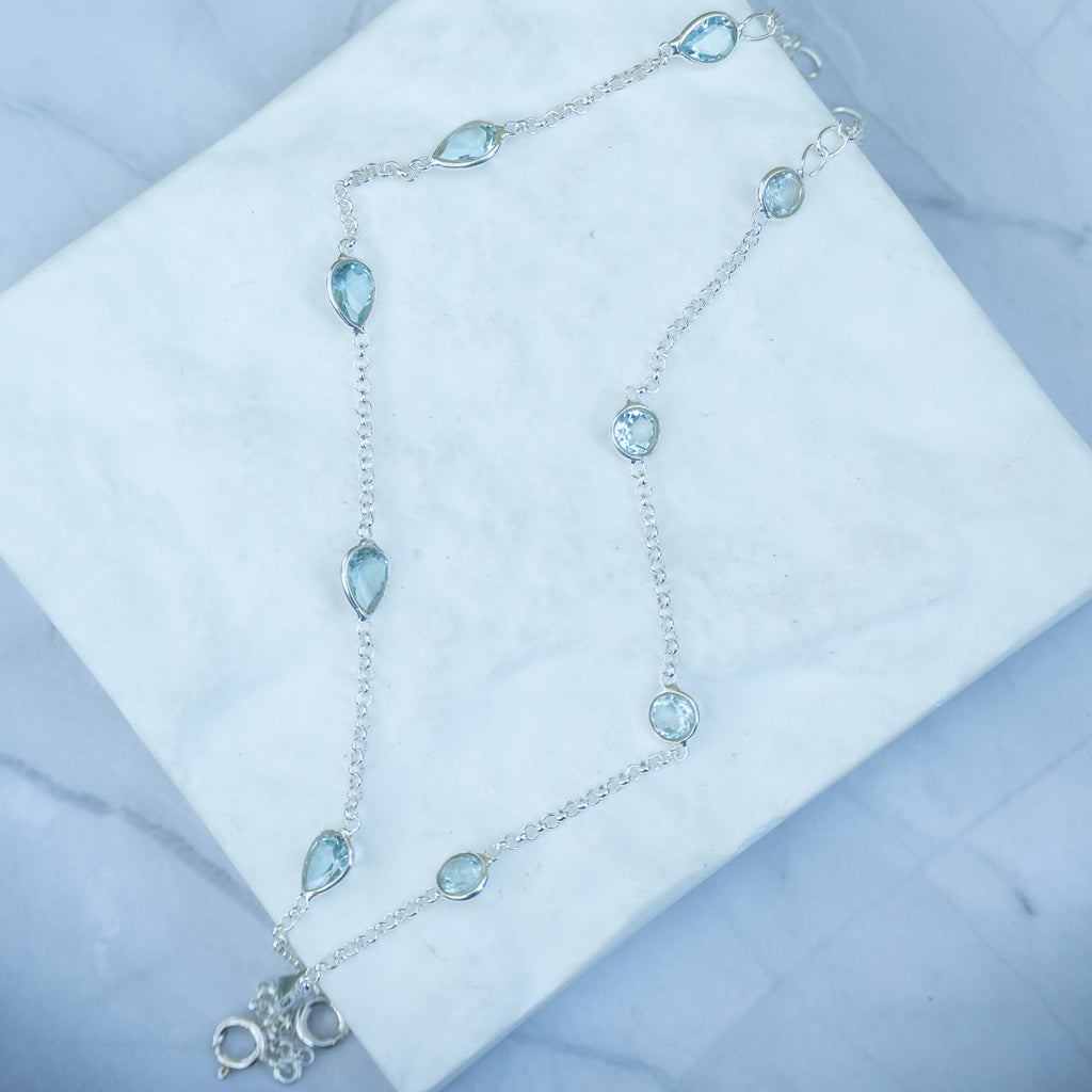 Sterling Silver Five Teardrop Blue Topaz Semi-Precious Stone Bracelet – 17 + 3cm