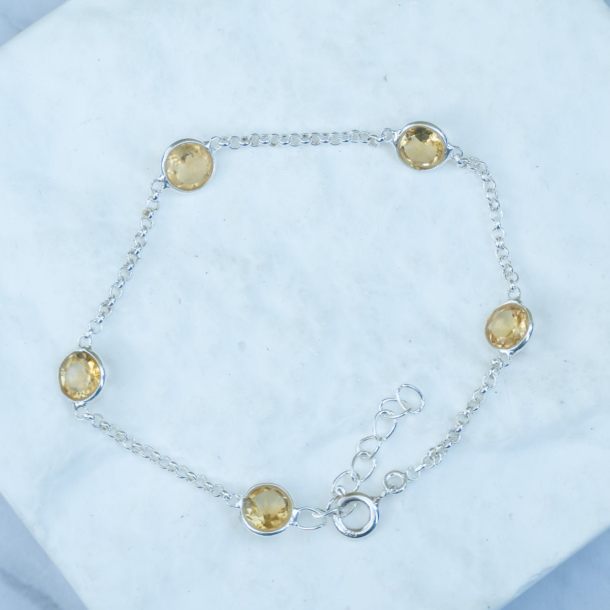 Sterling Silver Round Citrine Gemstone Bracelet – 17 + 3cm