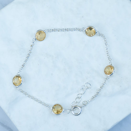 Sterling Silver Round Citrine Gemstone Bracelet – 17 + 3cm