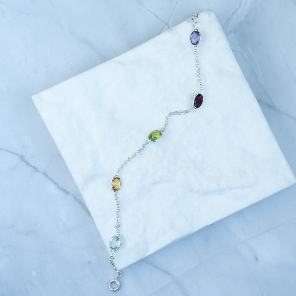 Sterling Silver Multi-Gemstone Oval Stone Bracelet – Amethyst, Garnet, Peridot, Citrine & Blue Topa