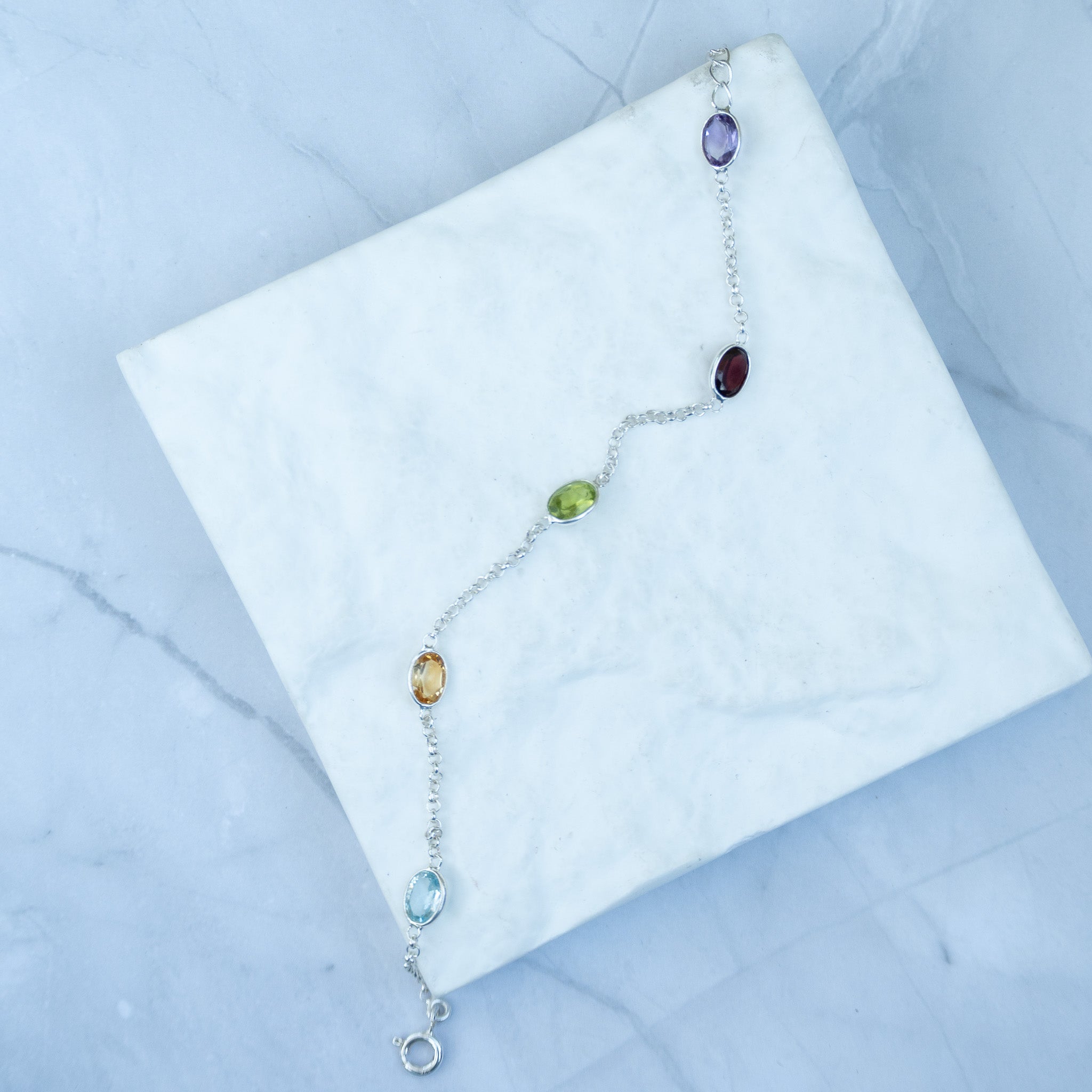 Sterling Silver Multi-Gemstone Oval Stone Bracelet – Amethyst, Garnet, Peridot, Citrine & Blue Topa