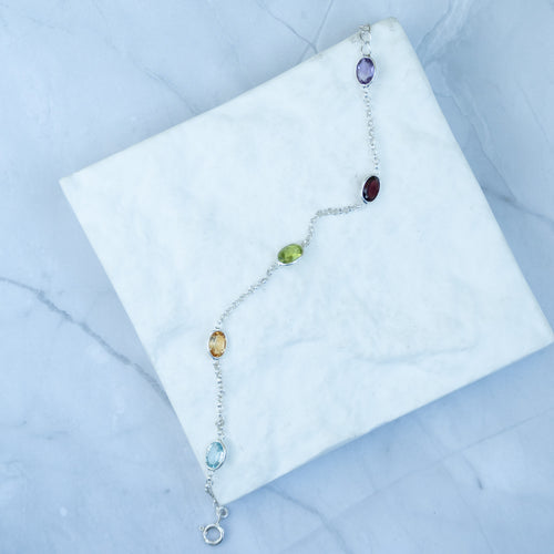 Sterling Silver Multi-Gemstone Oval Stone Bracelet – Amethyst, Garnet, Peridot, Citrine & Blue Topa