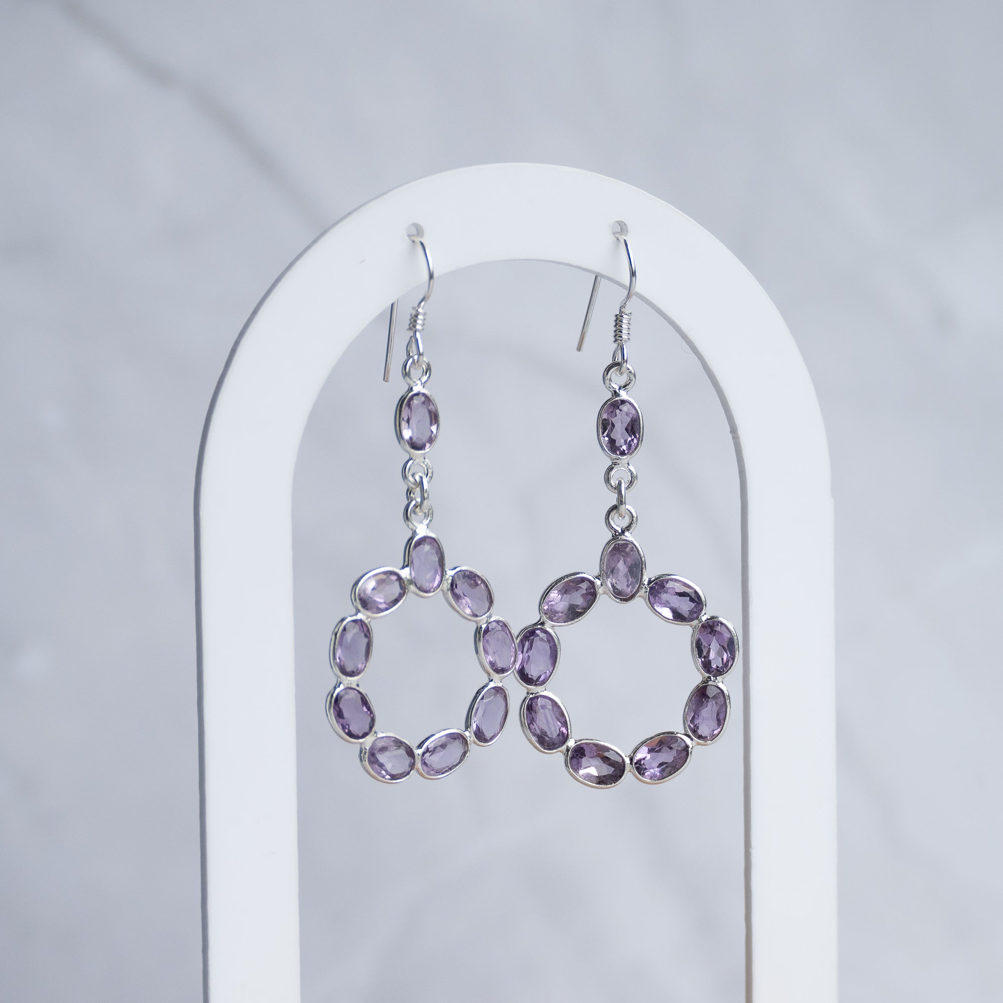 Amethyst Semi Precious Circle drop earrings