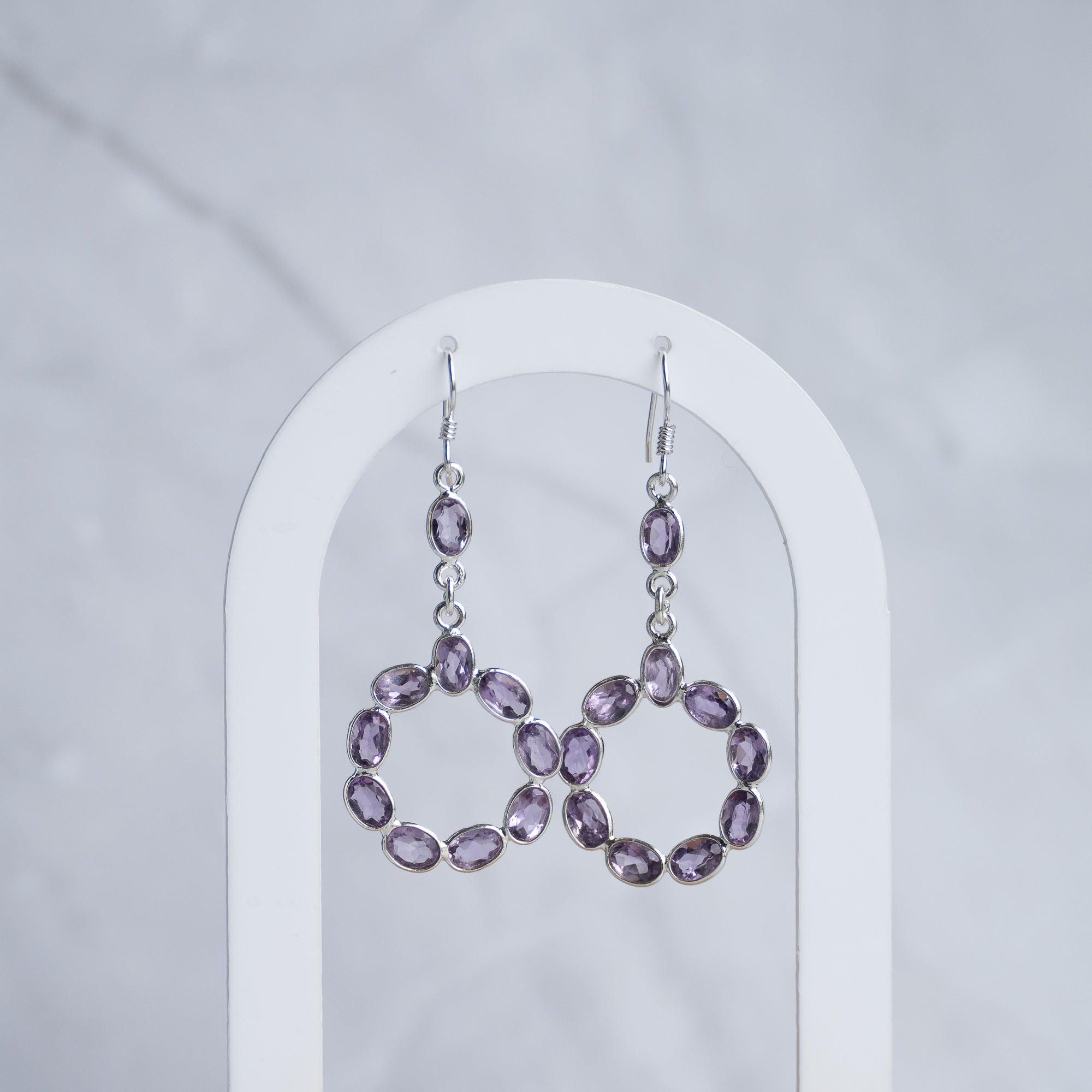 Amethyst Semi Precious Circle drop earrings