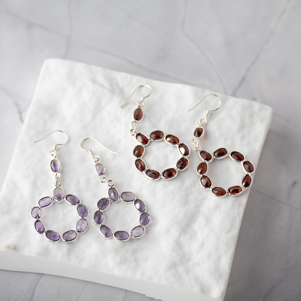 Amethyst Semi Precious Circle drop earrings