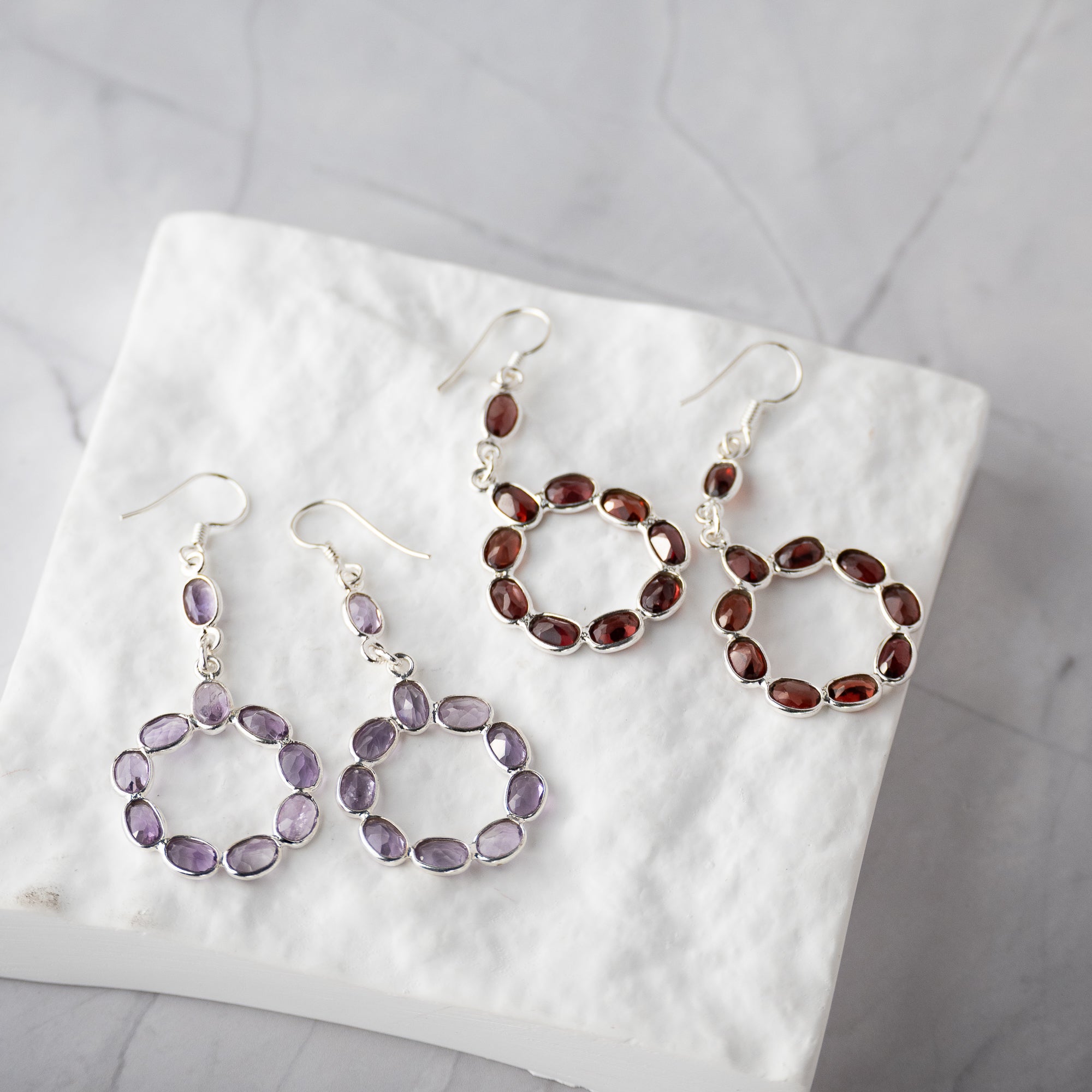 Amethyst Semi Precious Circle drop earrings