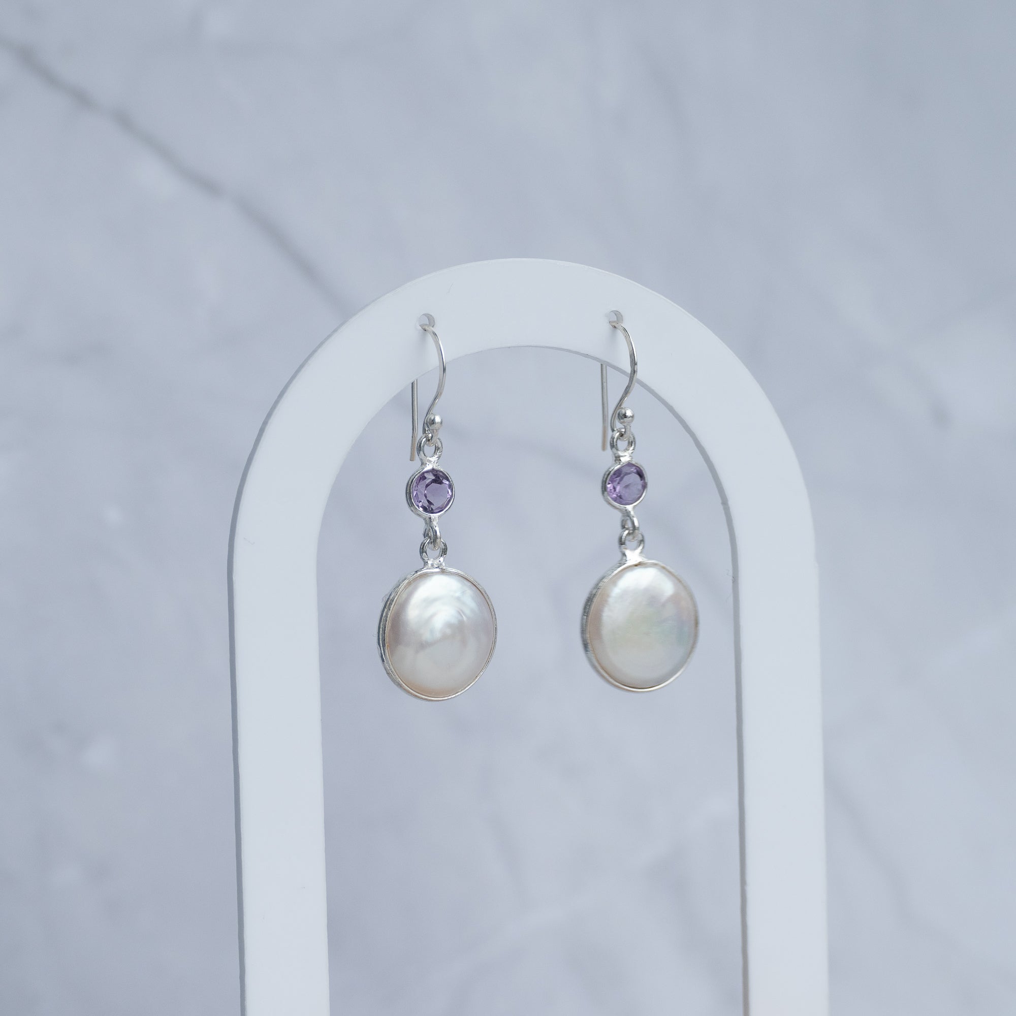 Amethyst and Coin Pearl drop earrings