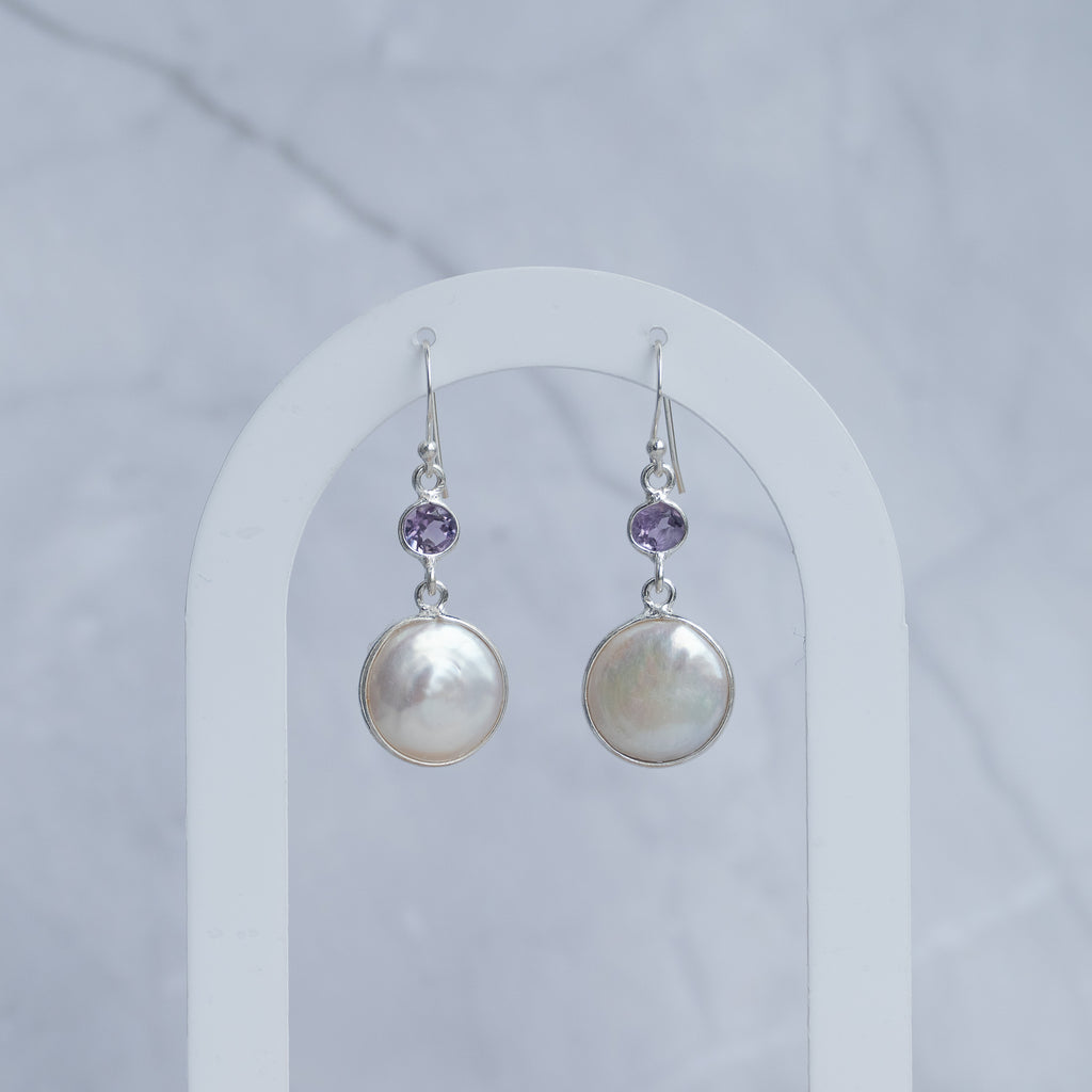 Amethyst and Coin Pearl drop earrings