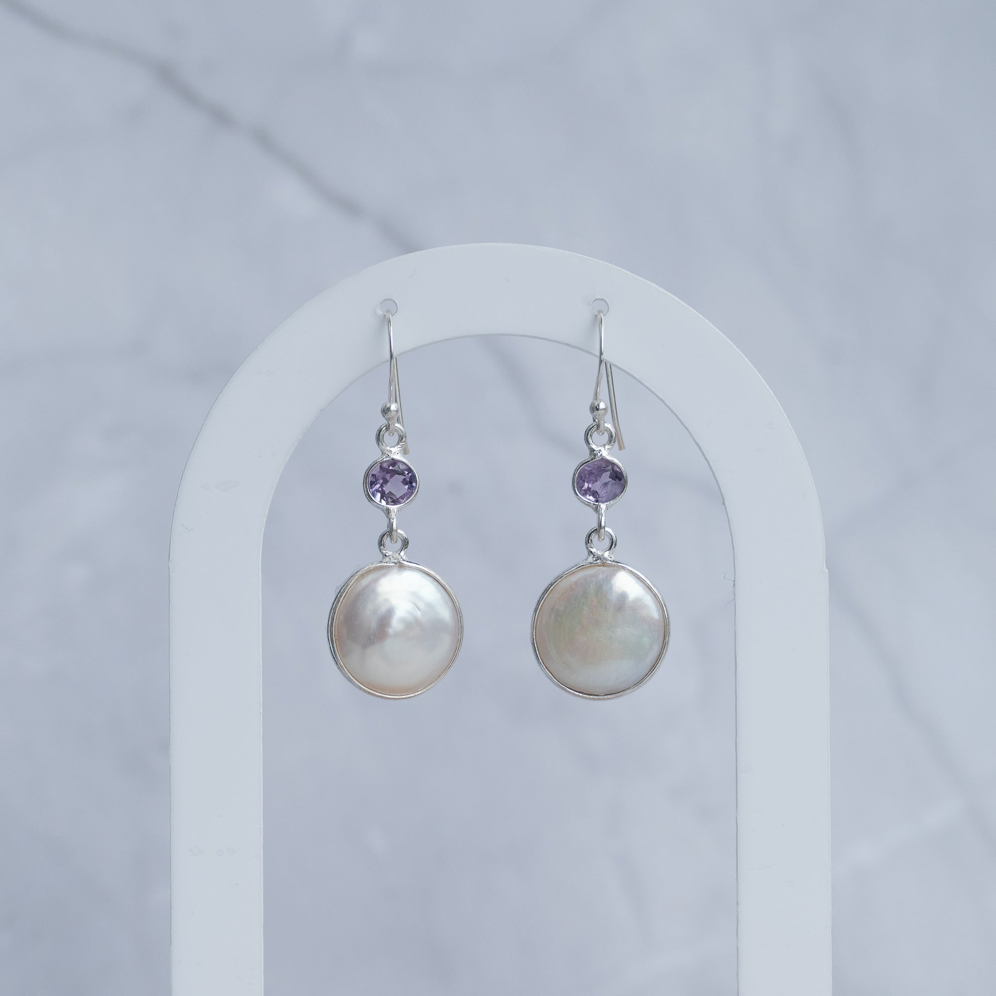 Amethyst and Coin Pearl drop earrings
