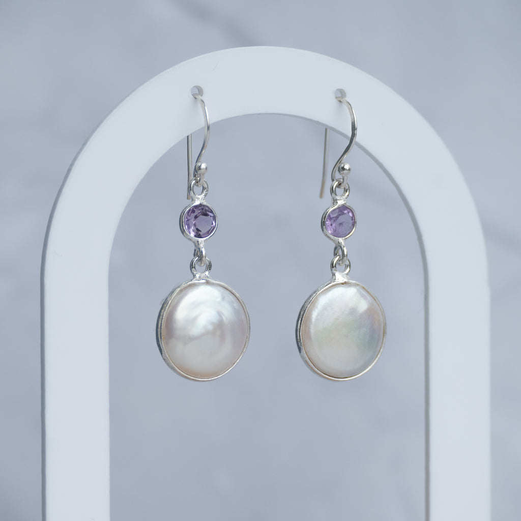 Amethyst and Coin Pearl drop earrings