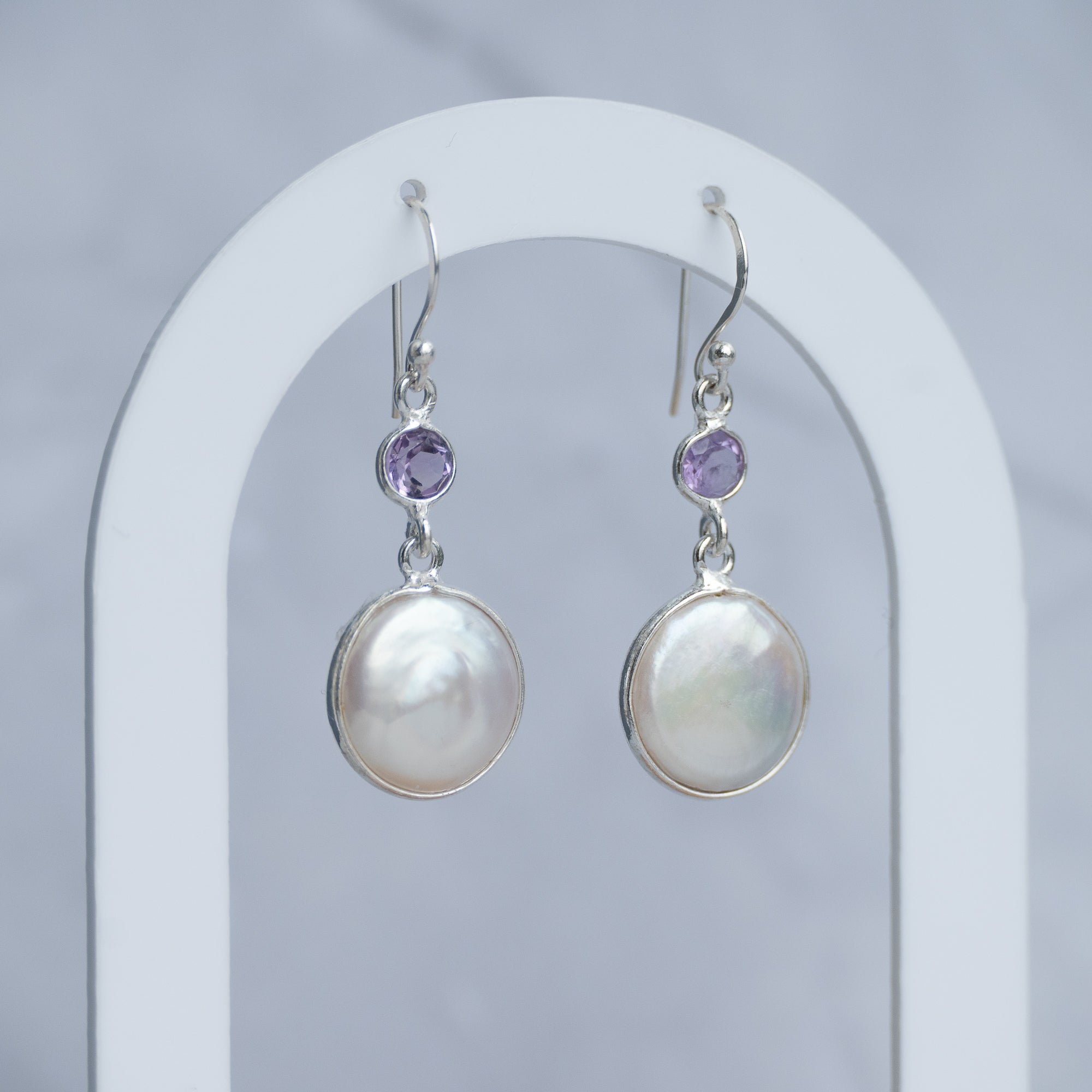 Amethyst and Coin Pearl drop earrings