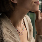 A close-up lifestyle shot of a woman wearing a delicate multi-strand silver necklace adorned with small pinkish-red oval stones and tiny blue and green accents, styled with a beige knit cardigan.