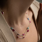 A close-up of a person wearing a delicate layered silver necklace with colorful oval gemstones in pink, blue, and green, styled with a beige knit top.