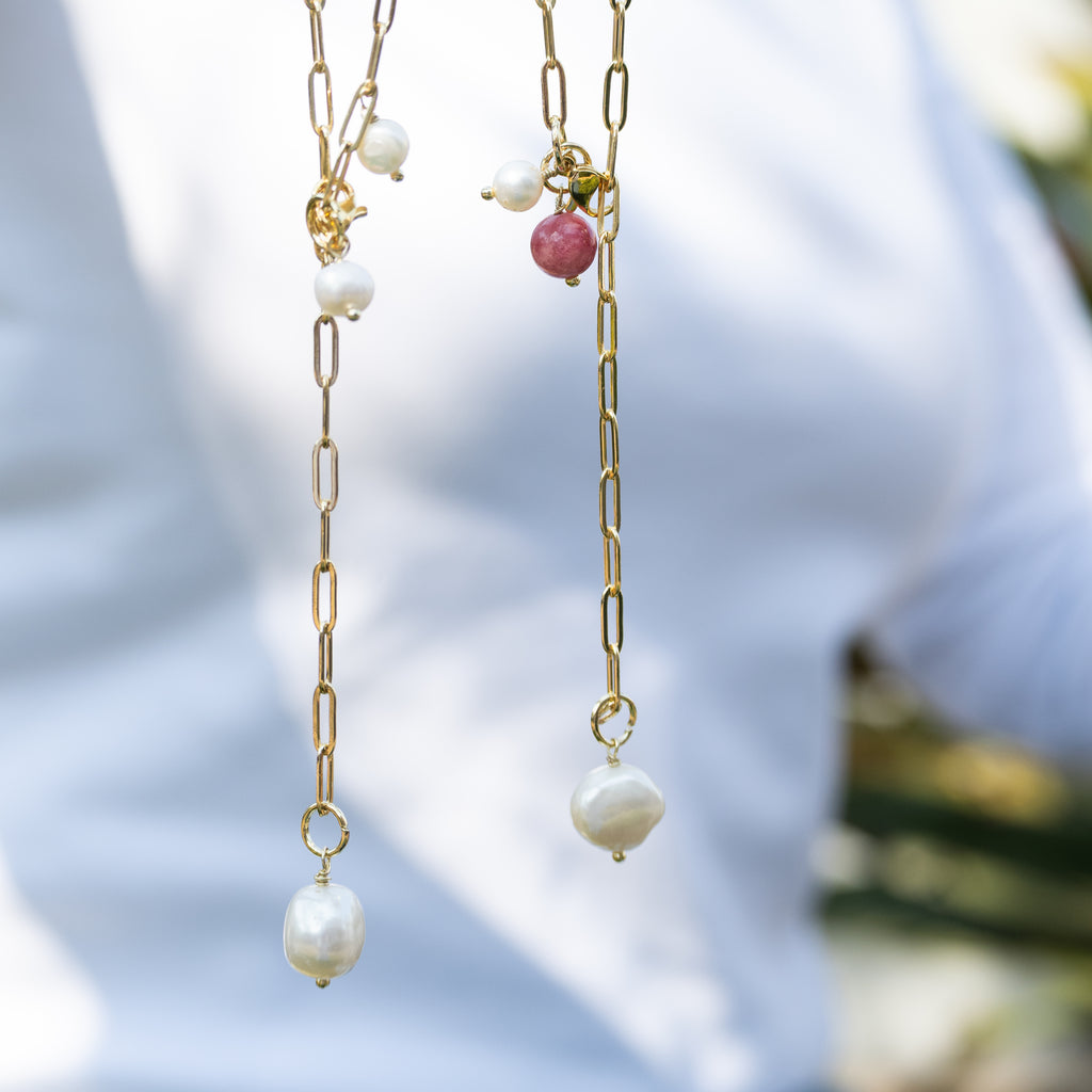 Elly 18ct Gold Plated Sterling Silver Freshwater Pearl & Gemstone Paperclip Necklace – 65cm
