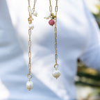 Elly 18ct Gold Plated Sterling Silver Freshwater Pearl & Gemstone Paperclip Necklace – 65cm
