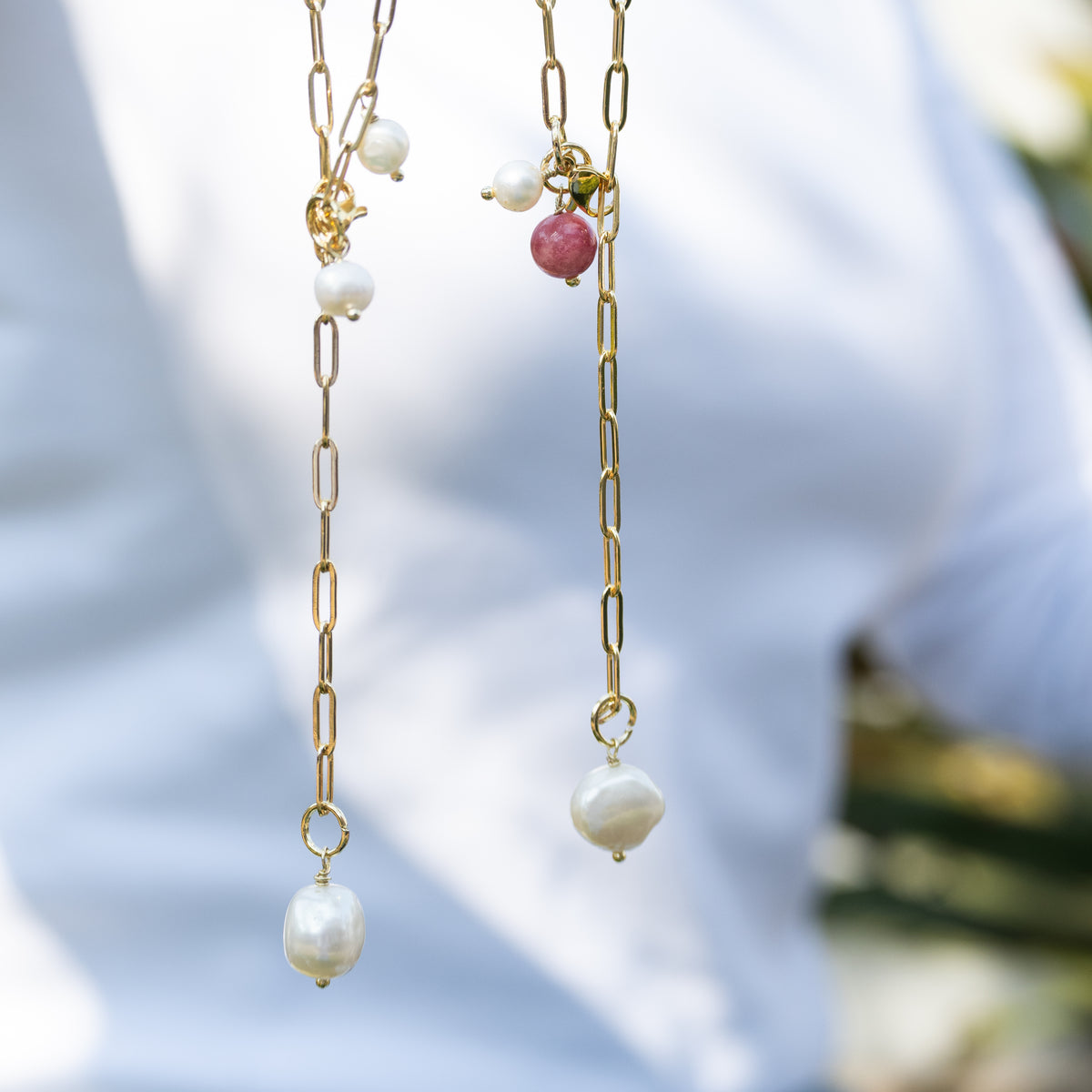 Elly 18ct Gold Plated Sterling Silver Freshwater Pearl & Gemstone Paperclip Necklace – 65cm