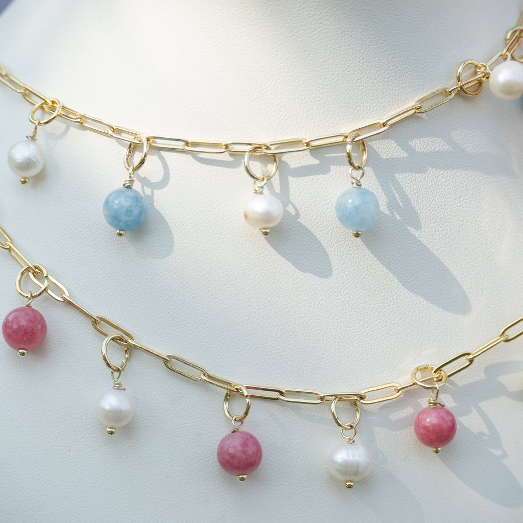 Pearl & Semi-Precious Gemstone Bracelet with FREE Paperclip Bracelet – 3-in-1 Jewellery Set