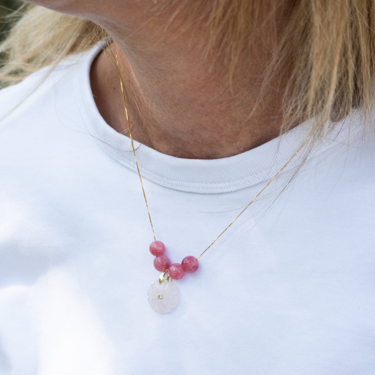 18ct Gold Plated Sterling Silver Four-Stone Slider Necklace with Flower or Pearl Pendant – 42cm / 45cm