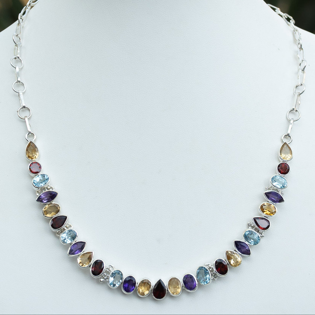 Sterling Silver Multi-Colour Semi-Precious Stone Statement Necklace & Free Matching Earrings