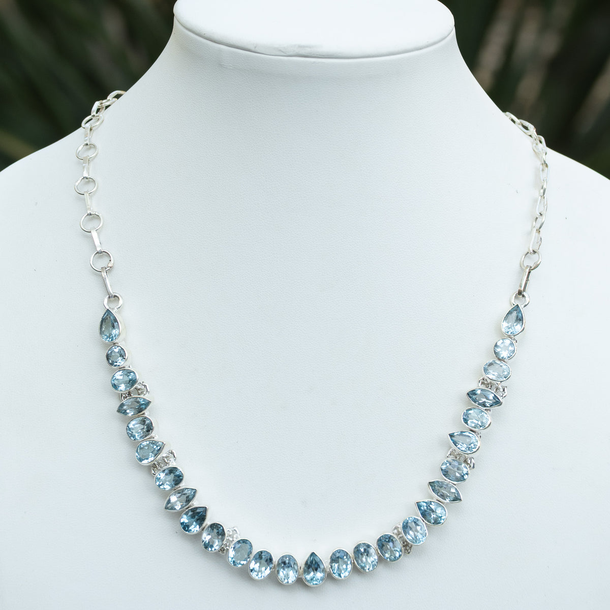 Sterling Silver Blue Topaz Statement Necklace & Free Matching Earrings Set