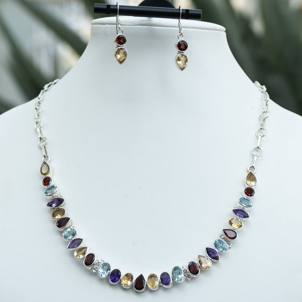 Sterling Silver Multi-Colour Semi-Precious Stone Statement Necklace & Free Matching Earrings