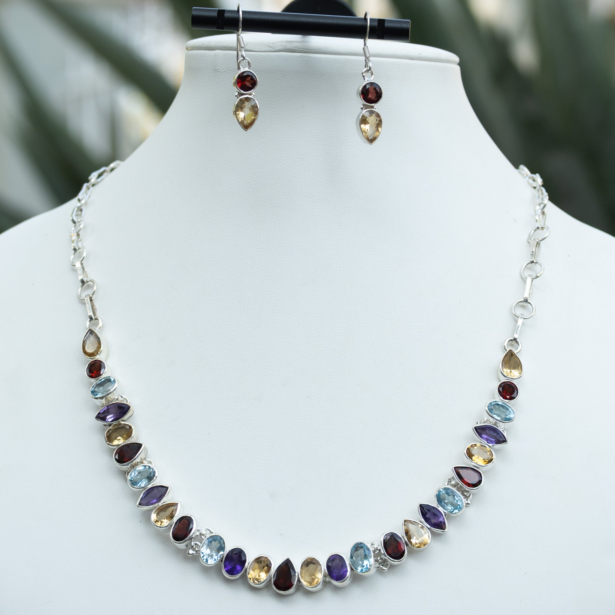 Sterling Silver Multi-Colour Semi-Precious Stone Statement Necklace & Free Matching Earrings