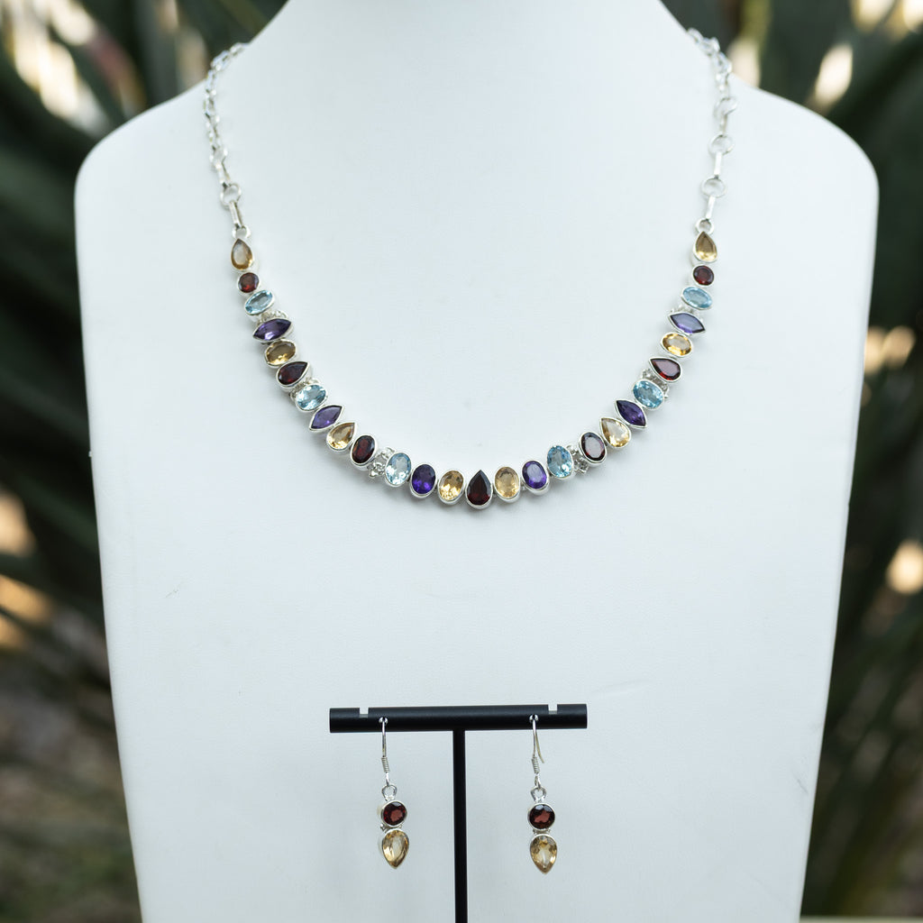 Sterling Silver Multi-Colour Semi-Precious Stone Statement Necklace & Free Matching Earrings